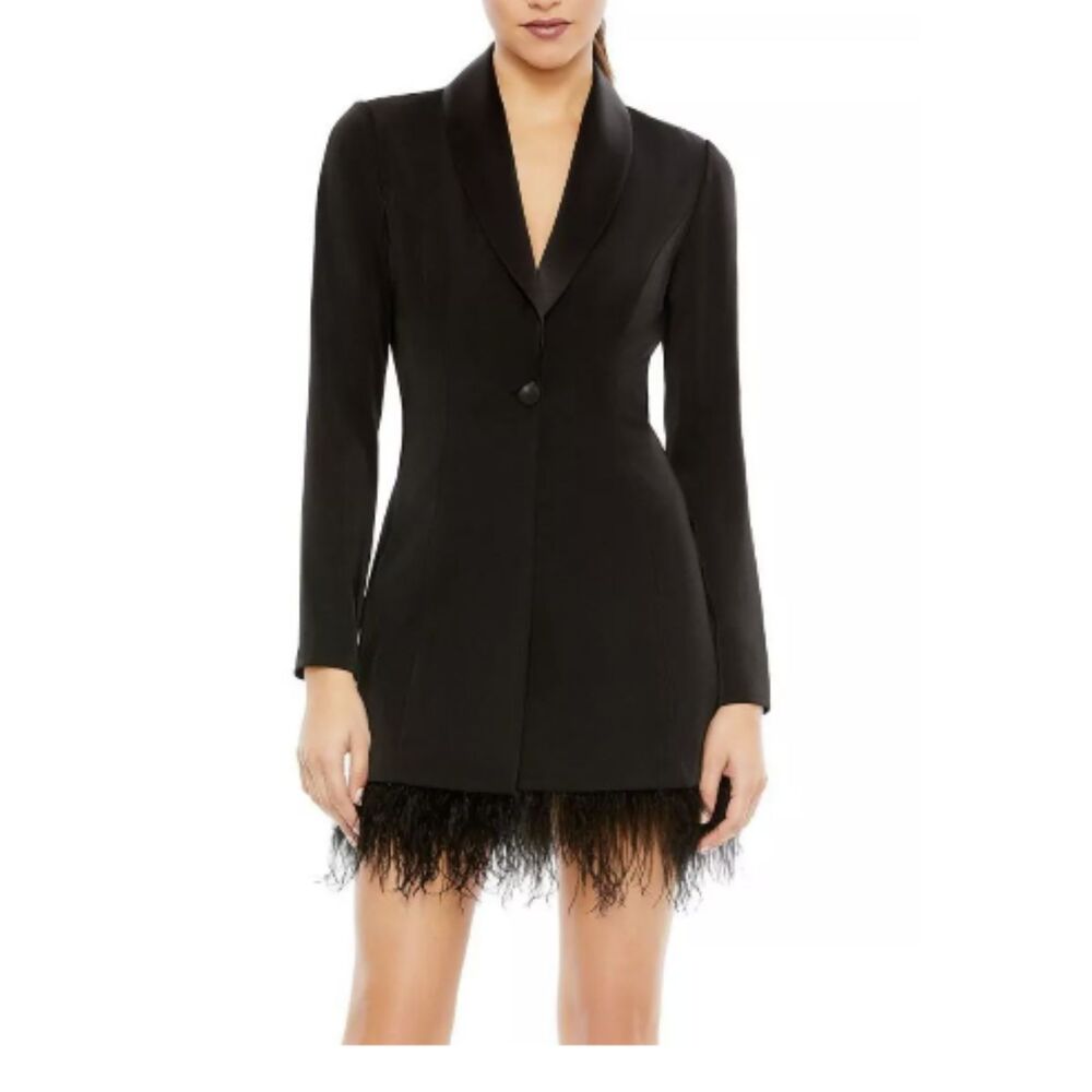 Mac Duggal IEENA Feathered Trim Tuxedo Jacket Dress Size 6 NWT